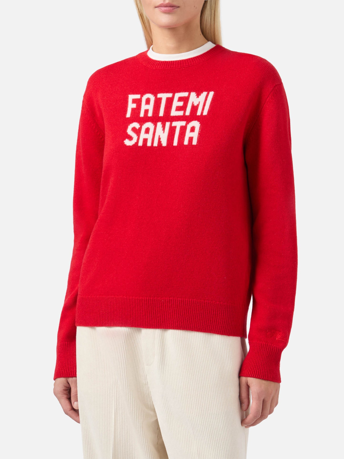 New Queen cashmere-blend sweater in red with Fatemi Santa jacquard