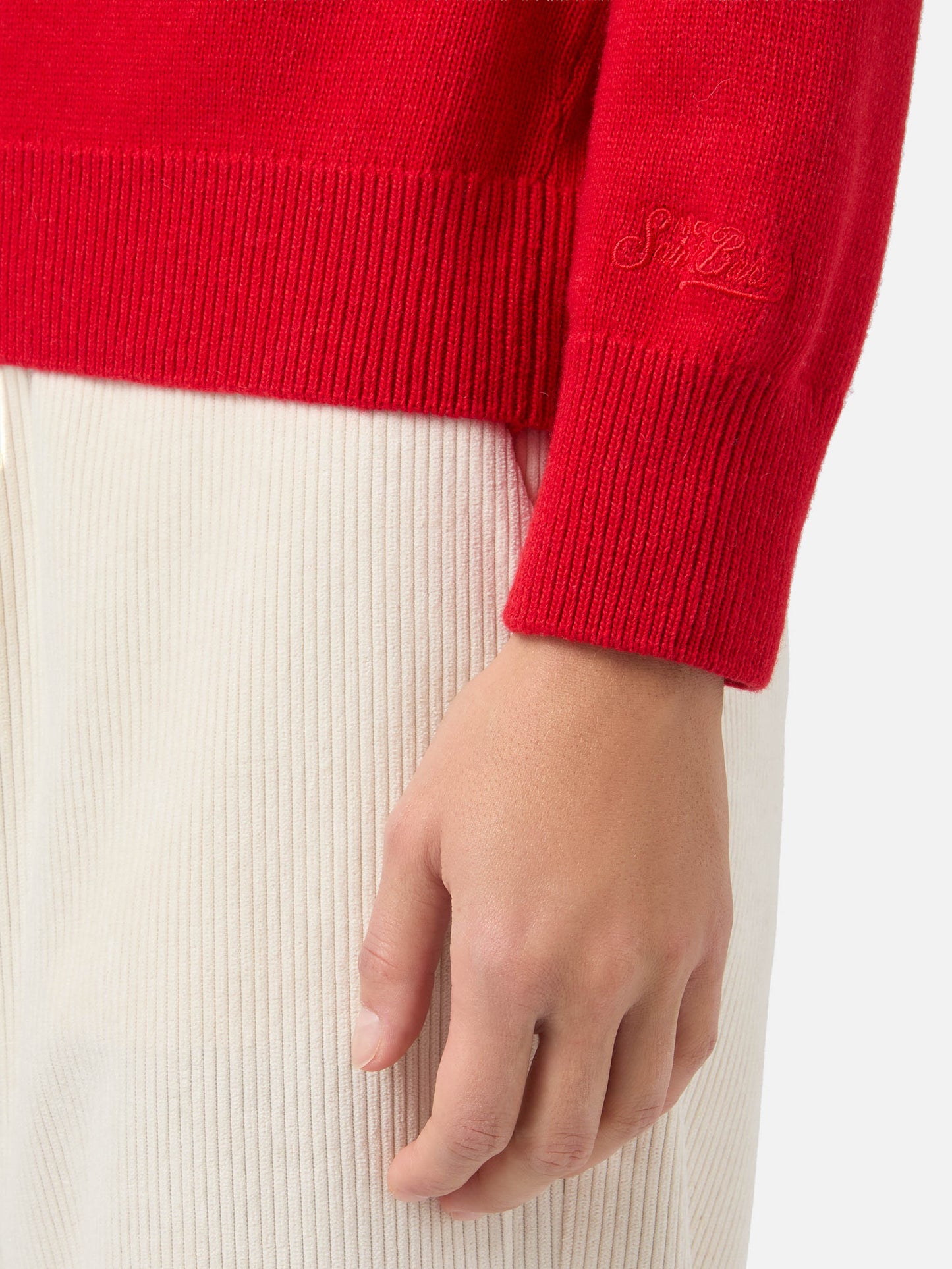 New Queen cashmere-blend sweater in red with Fatemi Santa jacquard