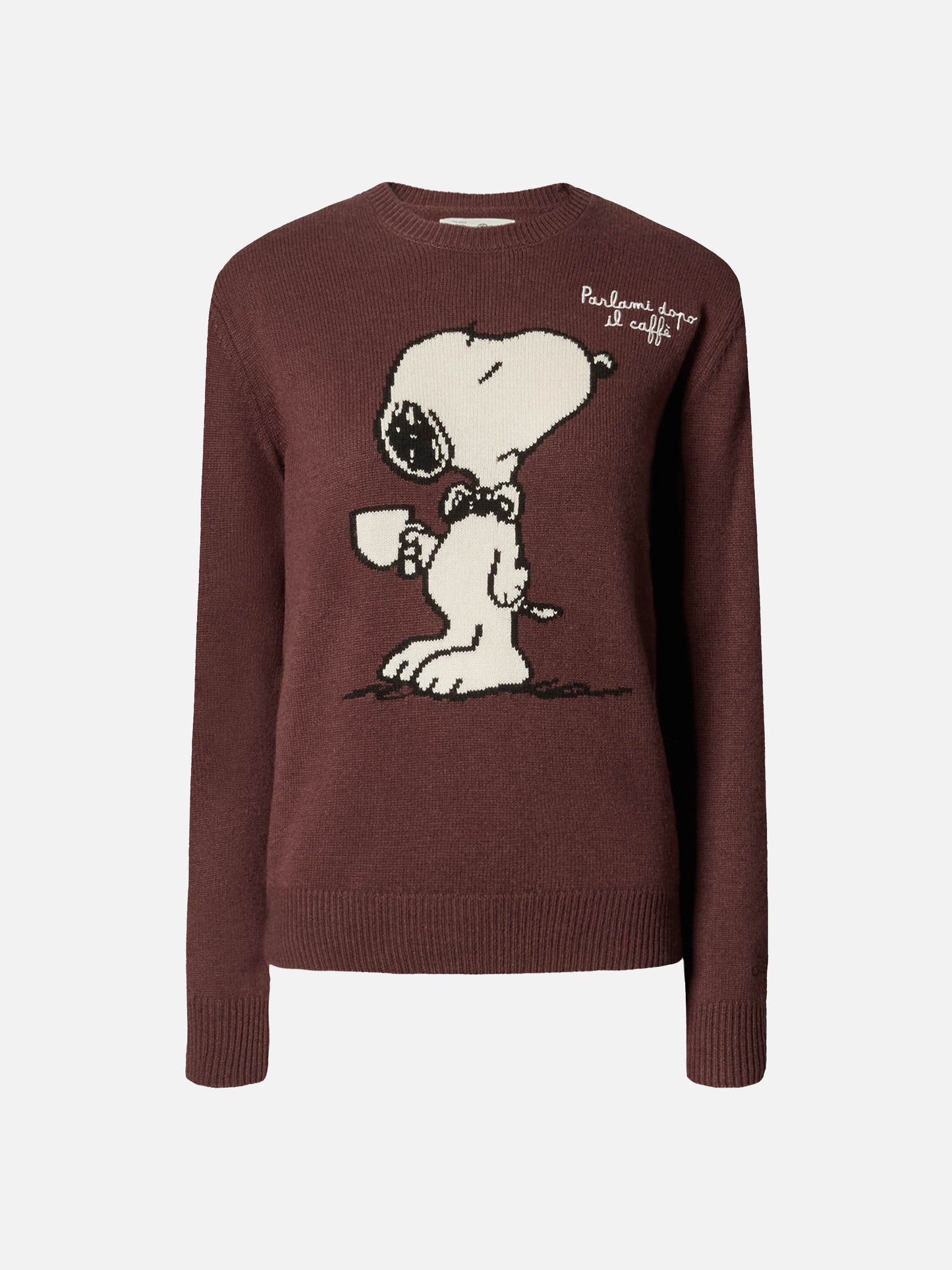 New Queen cashmere-blend sweater in brown with Snoopy jacquard and embroidery | PEANUTS SPECIAL EDITION