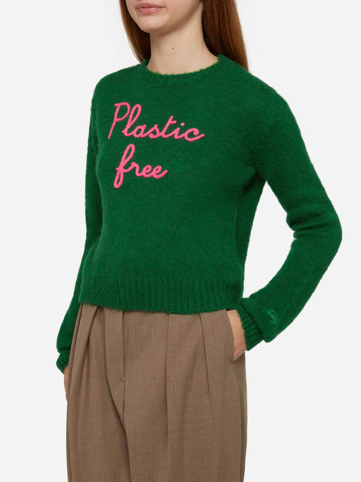 Woman crewneck soft crop sweater with Plastic free embroidery - MC2 Saint Barth