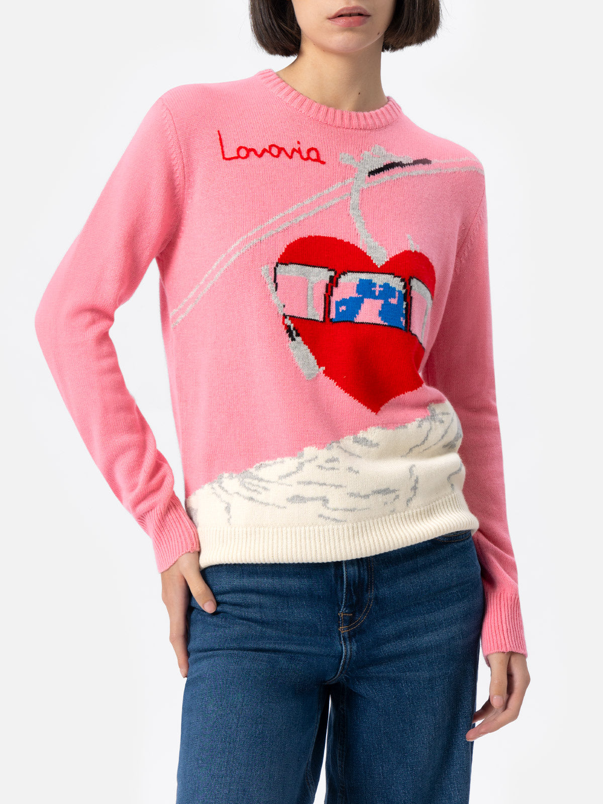 Damenpullover aus Kaschmirmischung New Queen mit Postkarten-Jacquard