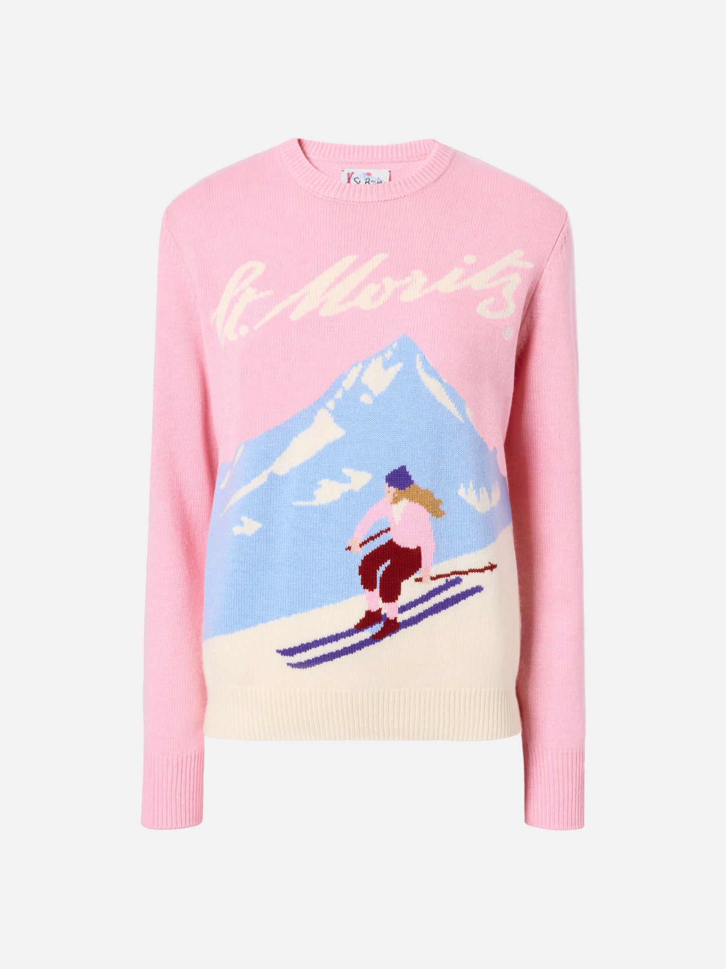 Neuer Queen-Pullover aus Kaschmirmischung in Rosa mit Jacquardmuster und St. Moritz-Postkartenmotiv | ST. MORITZ SONDEREDITION