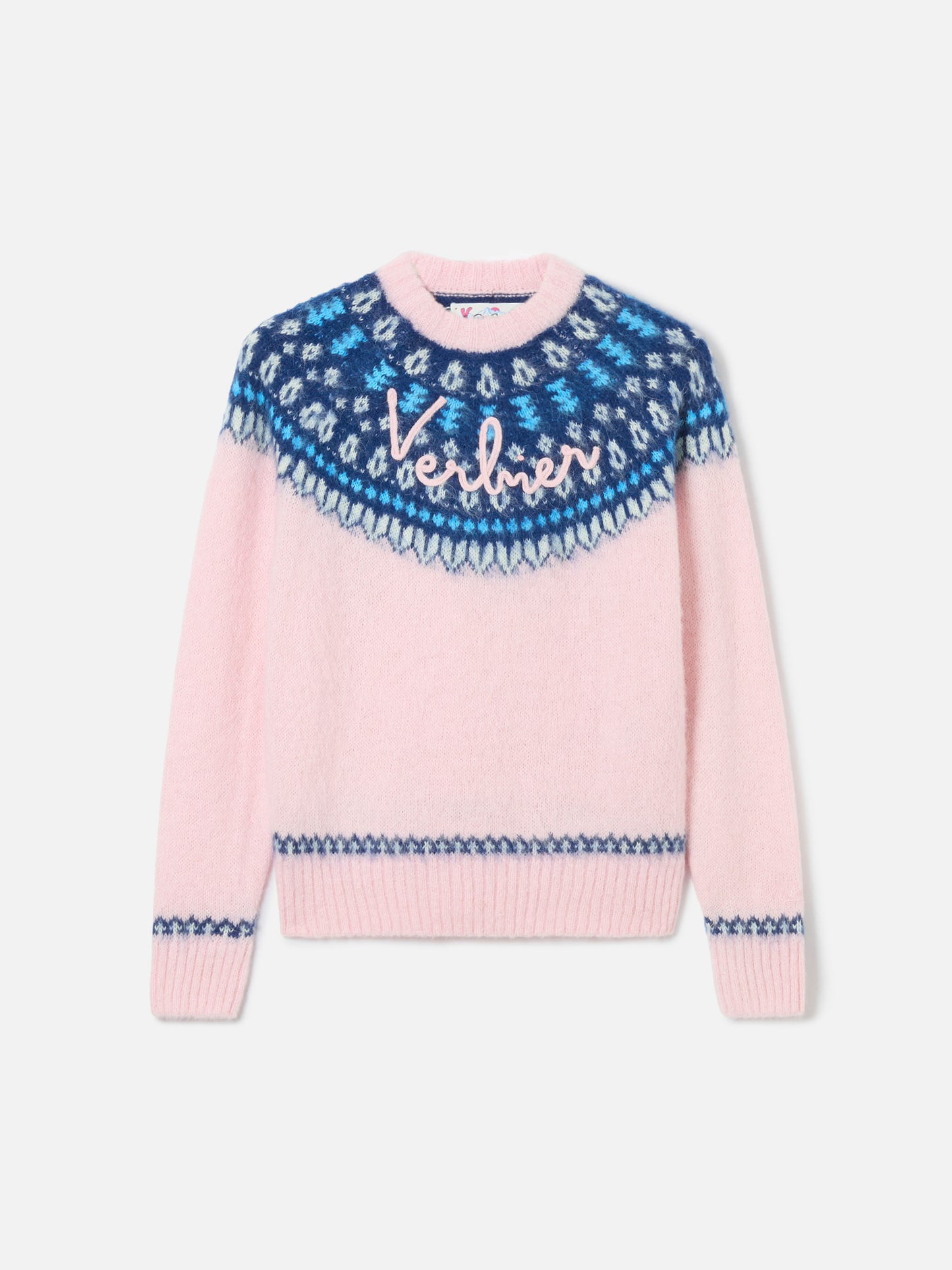 Woman pink crewneck nordic jacquard sweater