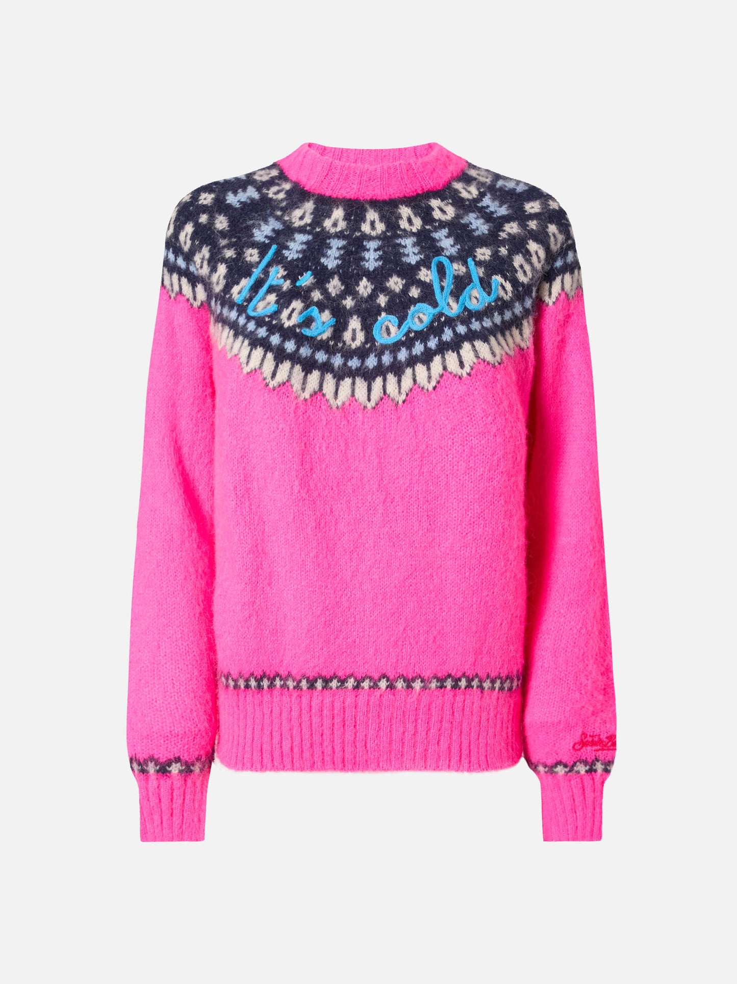 Fluo pink crewneck New Queen Nordic Soft with fair isle jacquard and It's cold embroidery