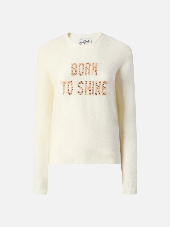 New Queen stretch sweater in merino-wool and alpaca blend in white with Born to Shine rhinestone appliqué