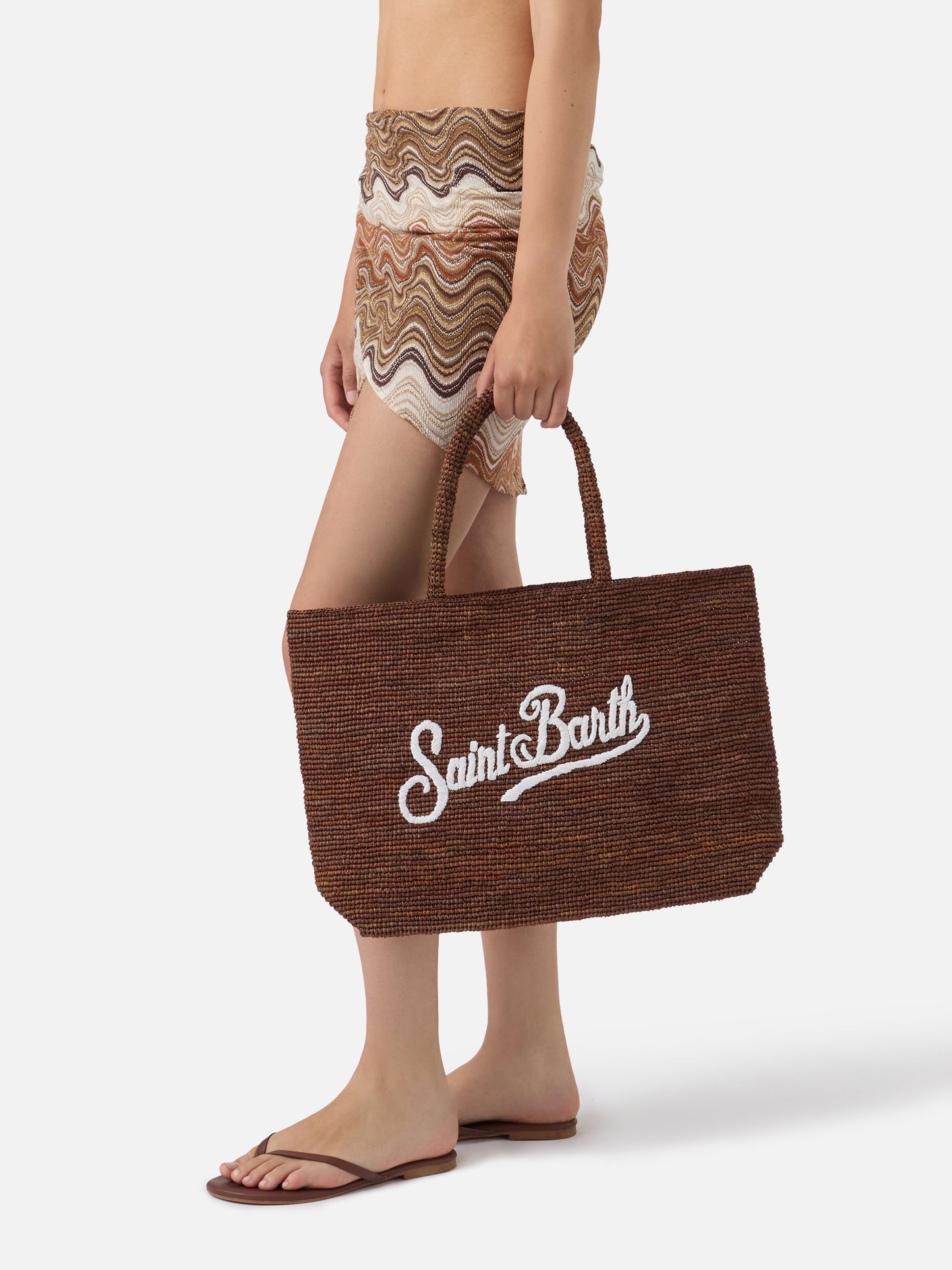 Borsa Beach in raffia marrone con logo ricamato a contrasto
