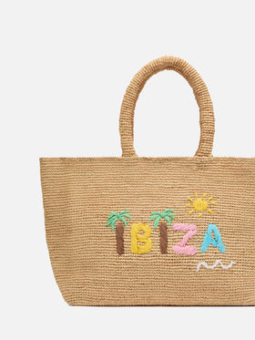 Beige Raffia Beach bag with cotton pouch and Ibiza embroidery - MC2 Saint Barth