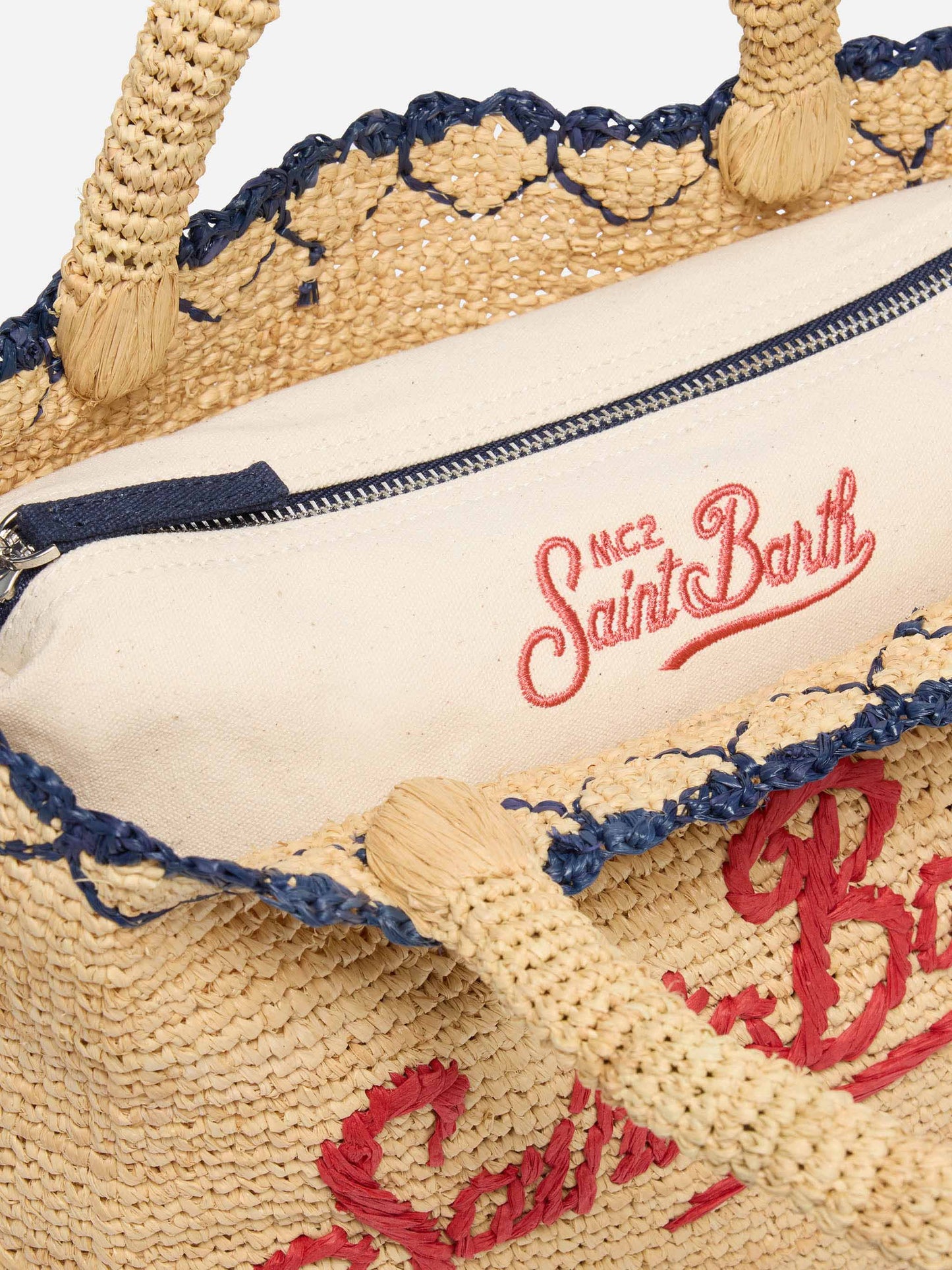 Beige Raffia Mid Strandtasche mit Baumwollbeutel und Herzrand