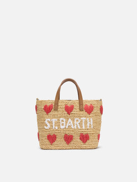 Beige Raffia City Mini bag with hearts embroidery
