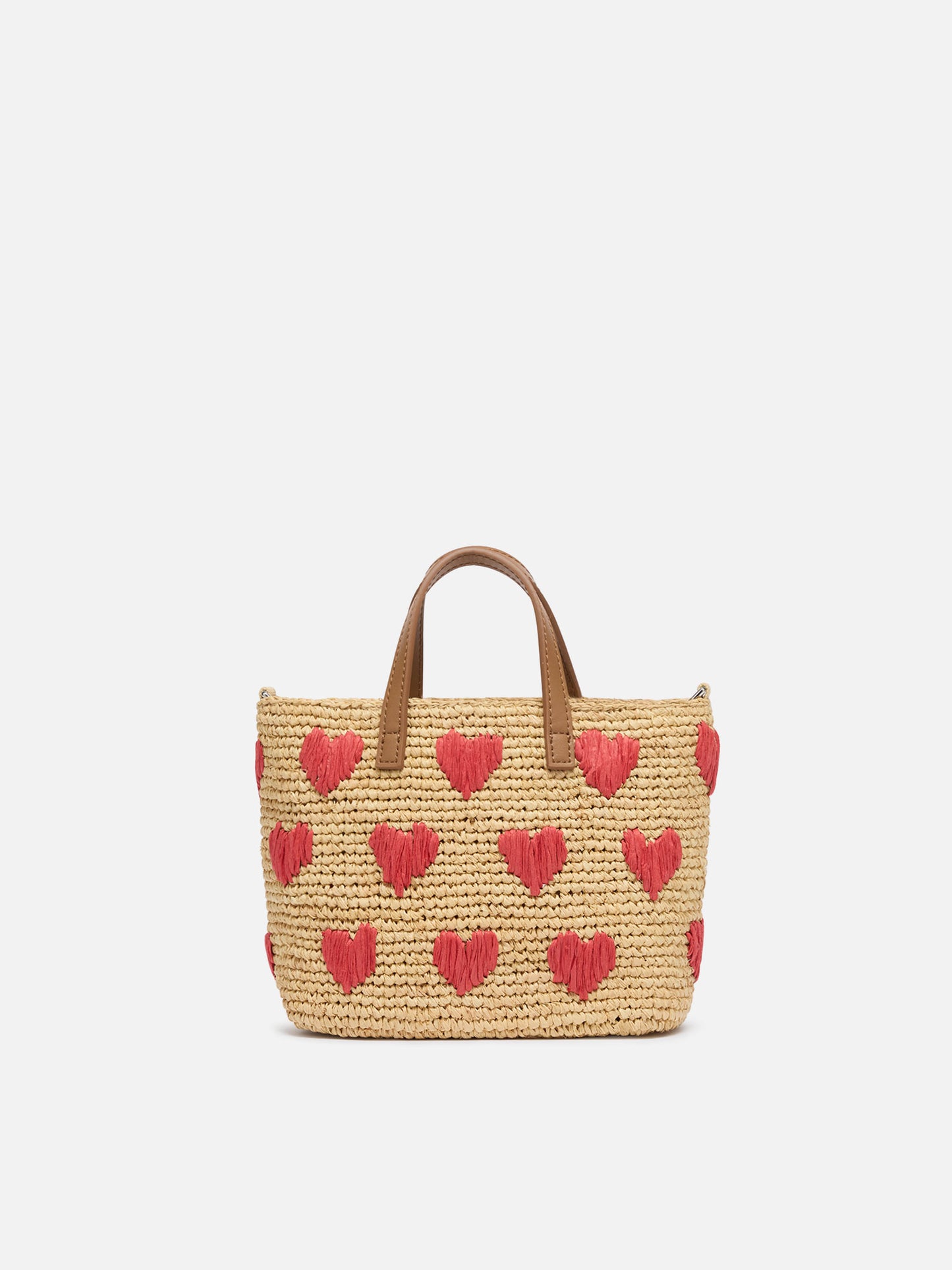 Beige Raffia City Mini bag with hearts embroidery