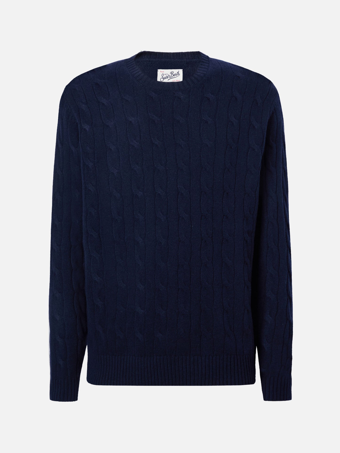 Crewneck cable-knit sweater Regent in 100% navy WOOL