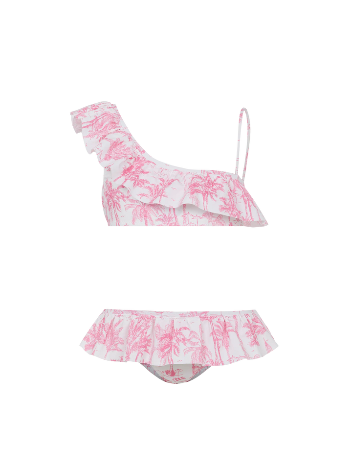 Rey One-Shoulder-Bikini mit Rüschen und Toile-de-Jouy-Print