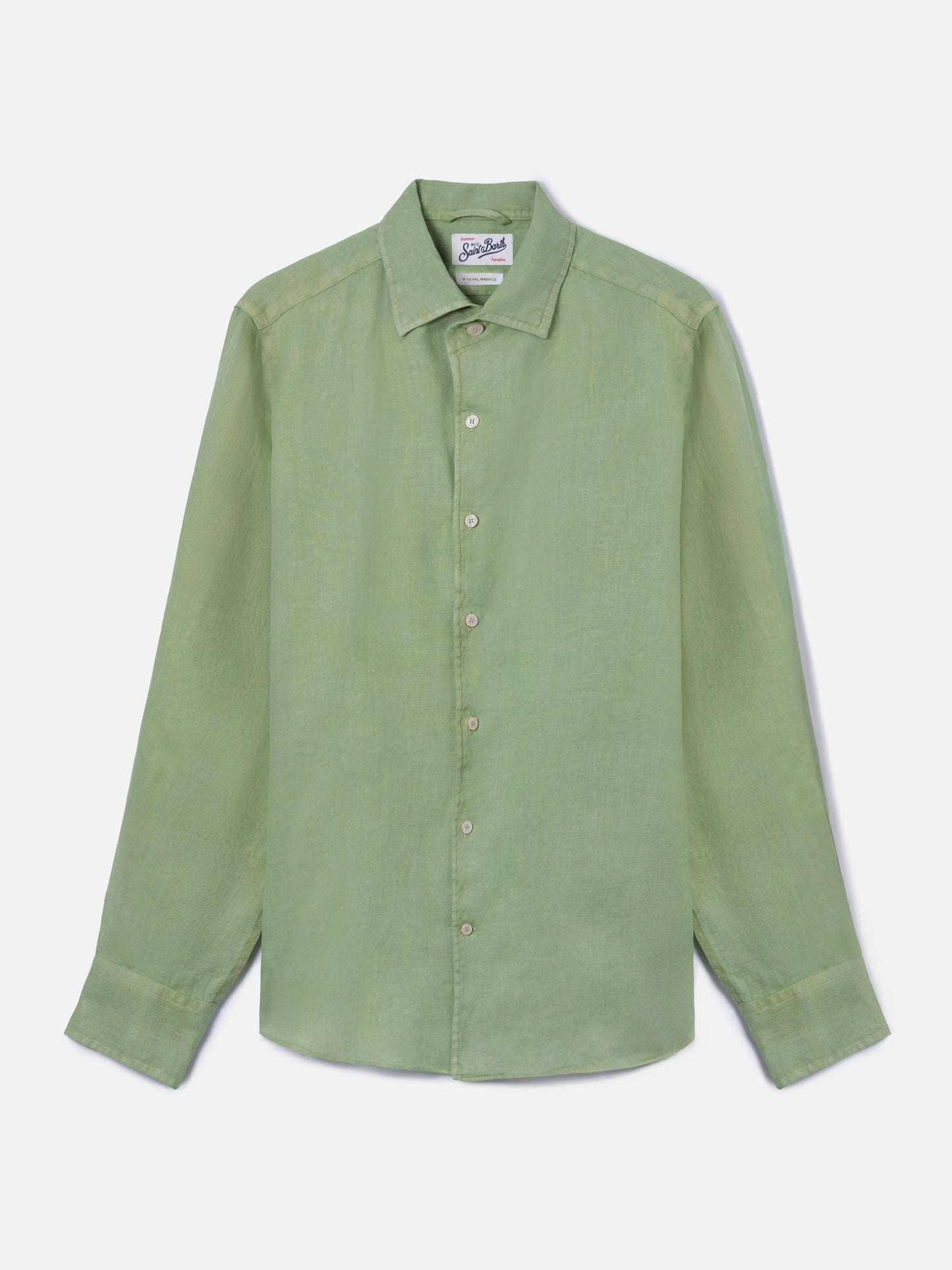 Sage green Raphael shirt in linen with mineral garment dyeing