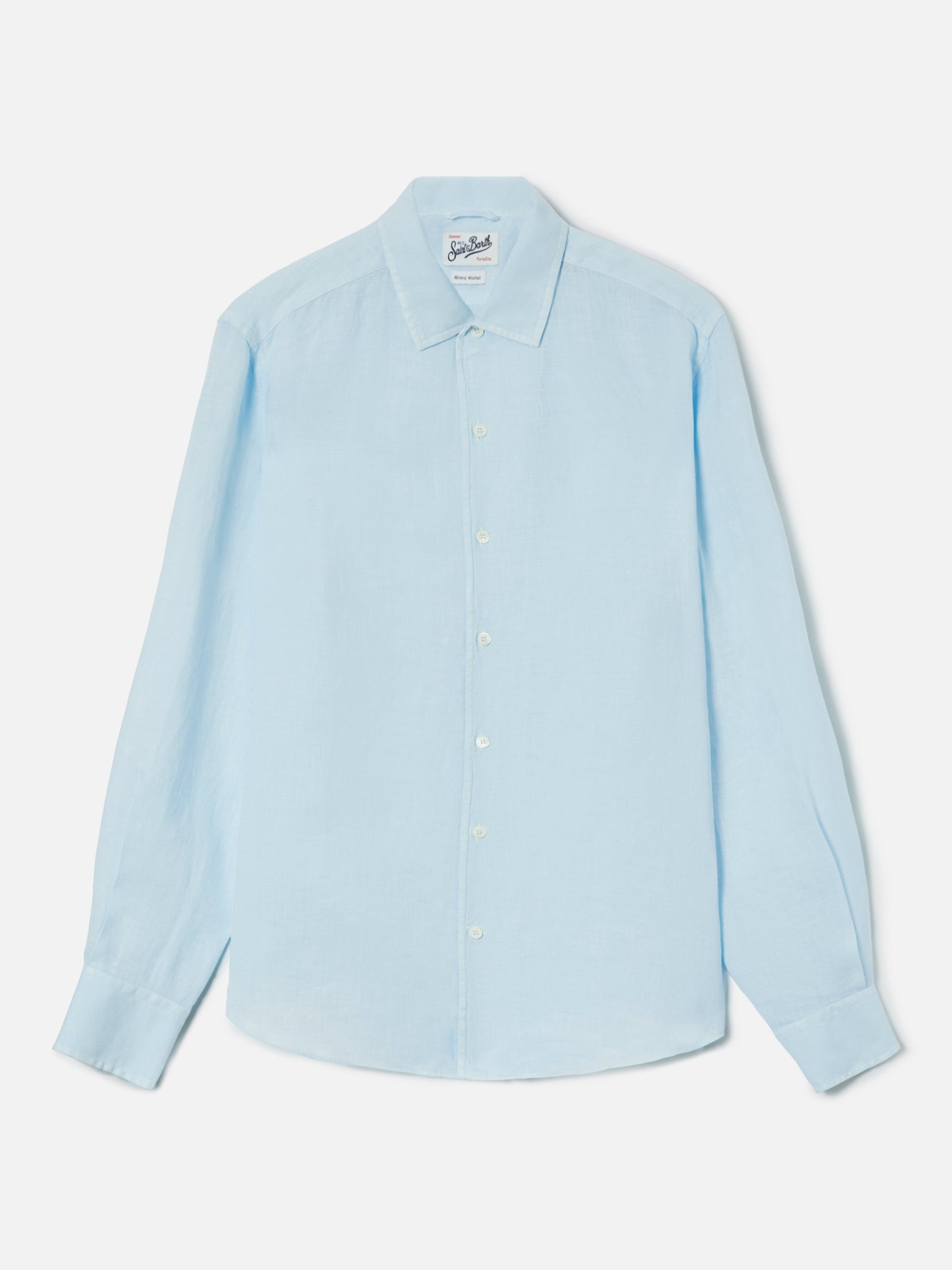 Camisa Raphael azul claro en lino con teñido mineral de la prenda
