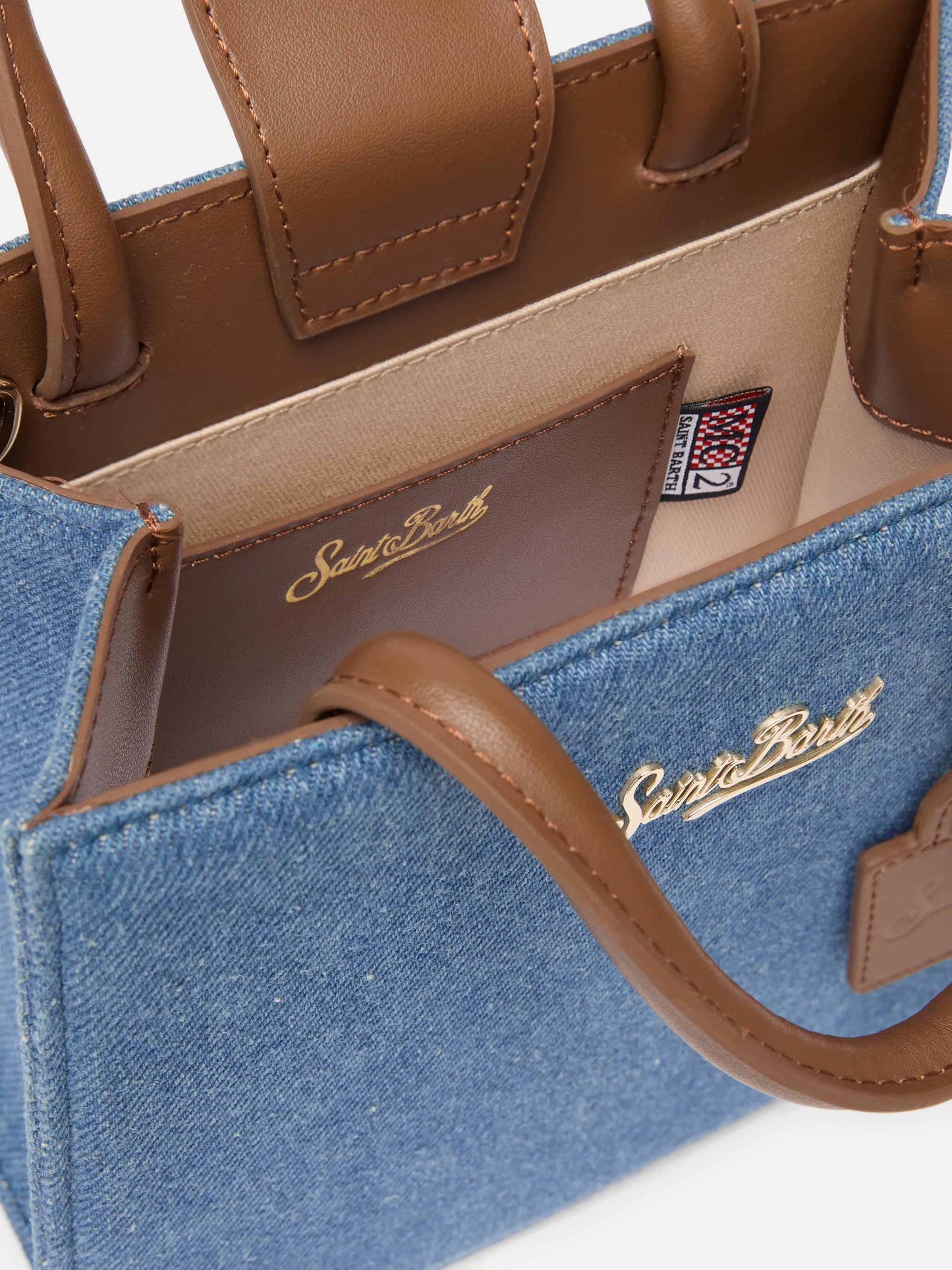 Borsa Shop Mini strutturata in denim con dettagli in pelle