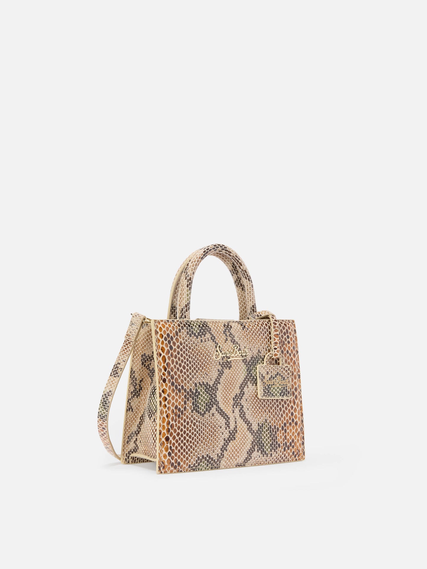 Borsa a mano Shop Bag Mini in pelle stampa pitonata beige