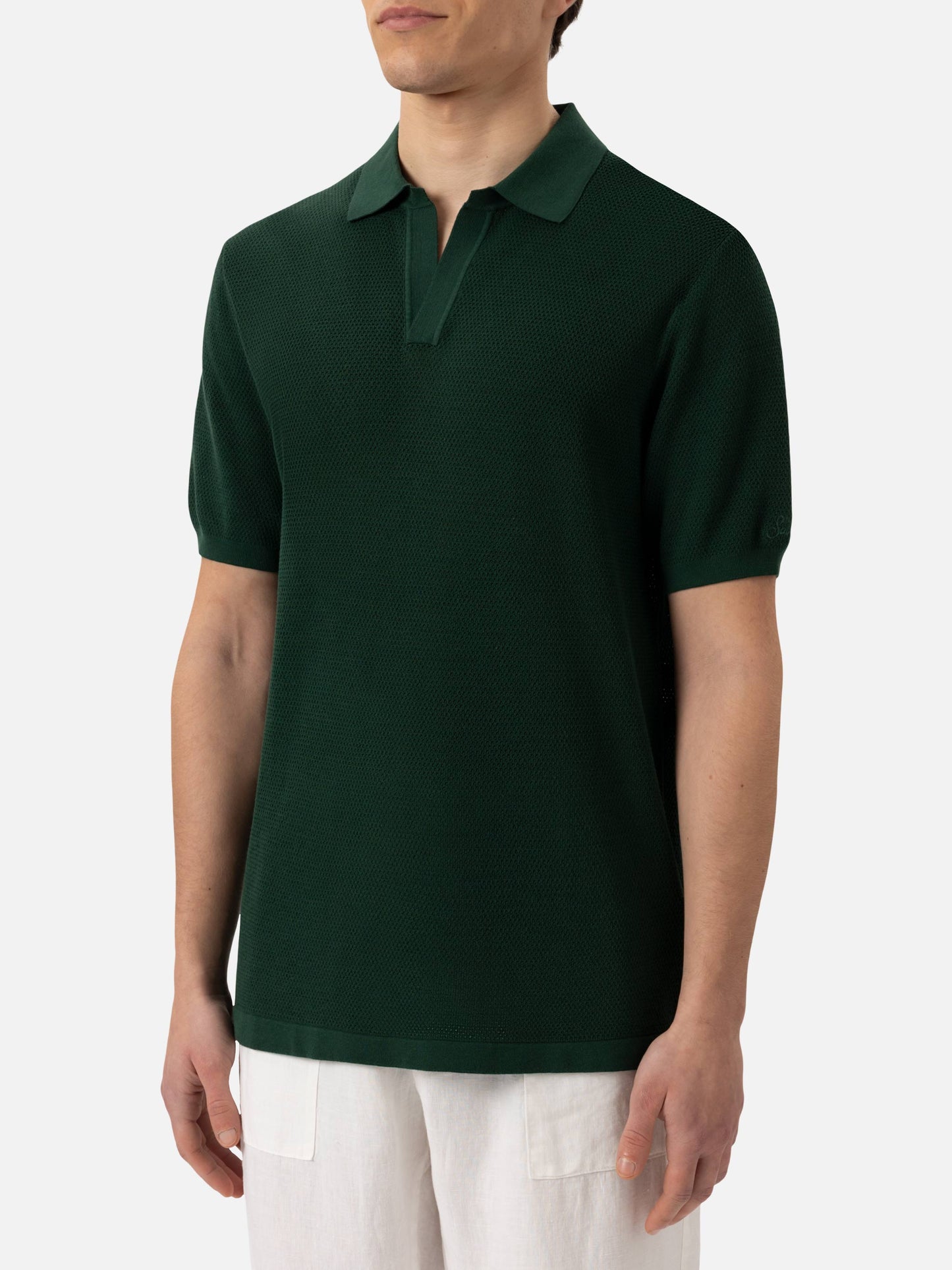 Sloan green buttonless mesh knitted polo shirt