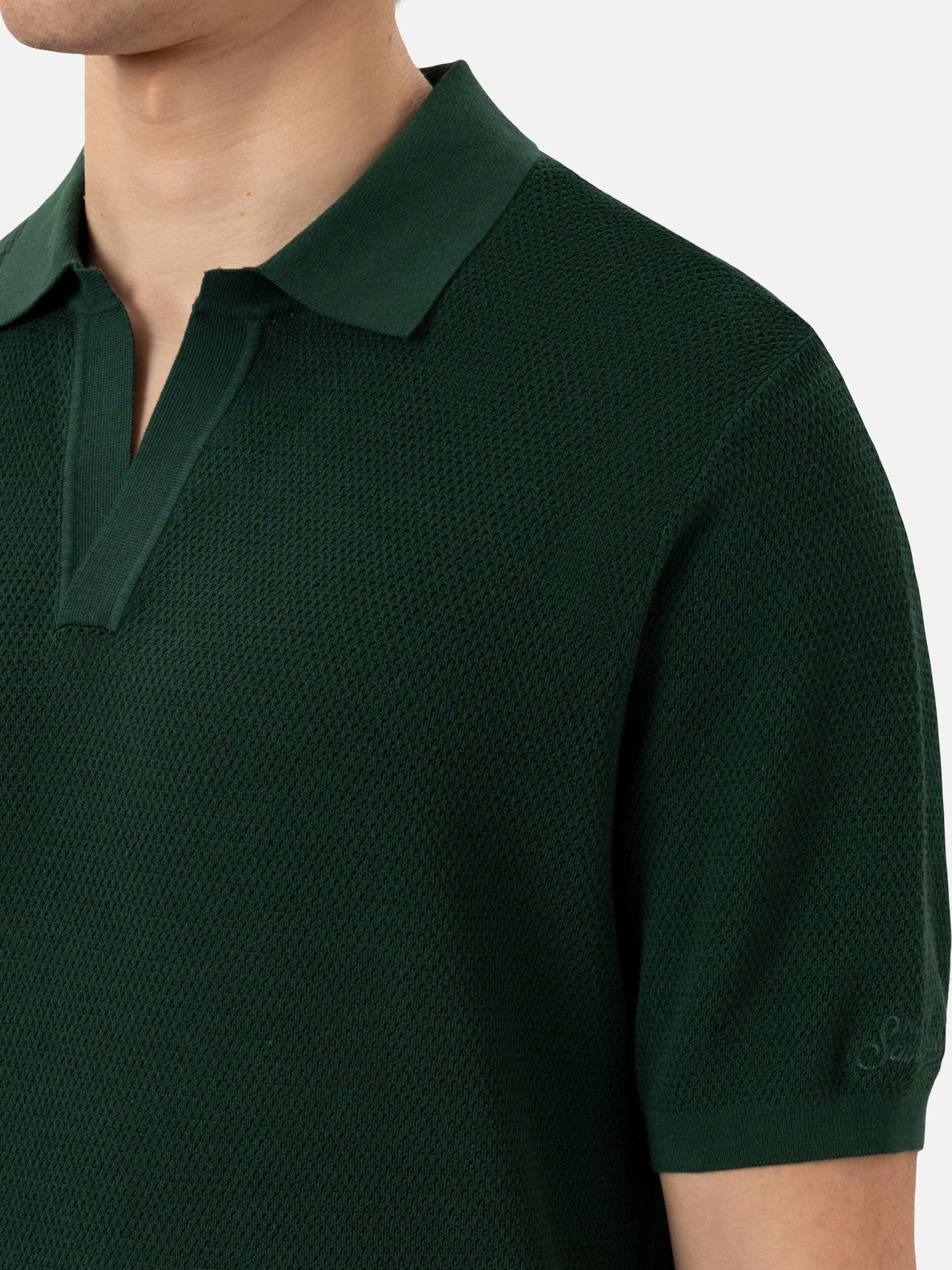 Sloan green buttonless mesh knitted polo shirt