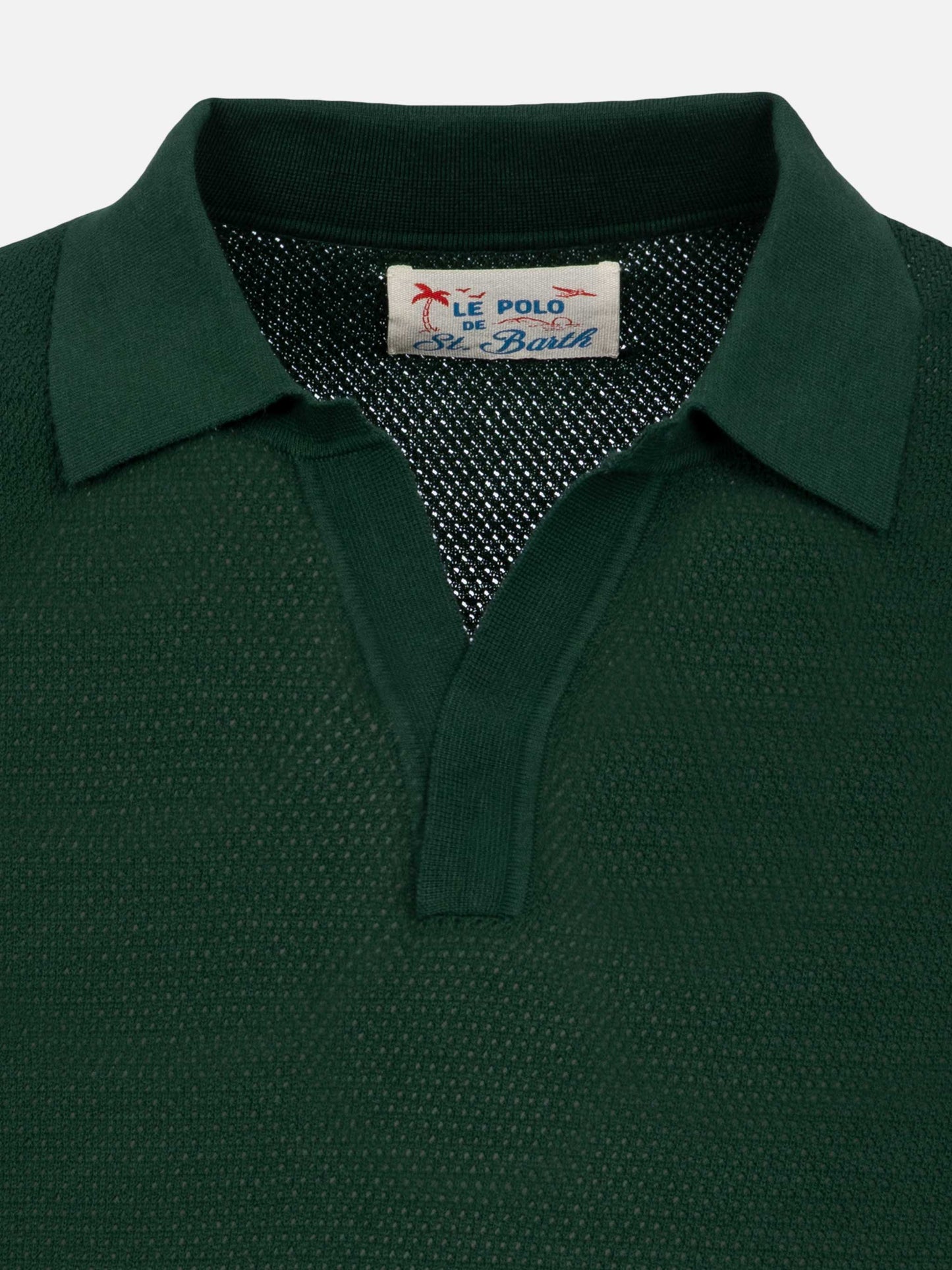 Sloan green buttonless mesh knitted polo shirt