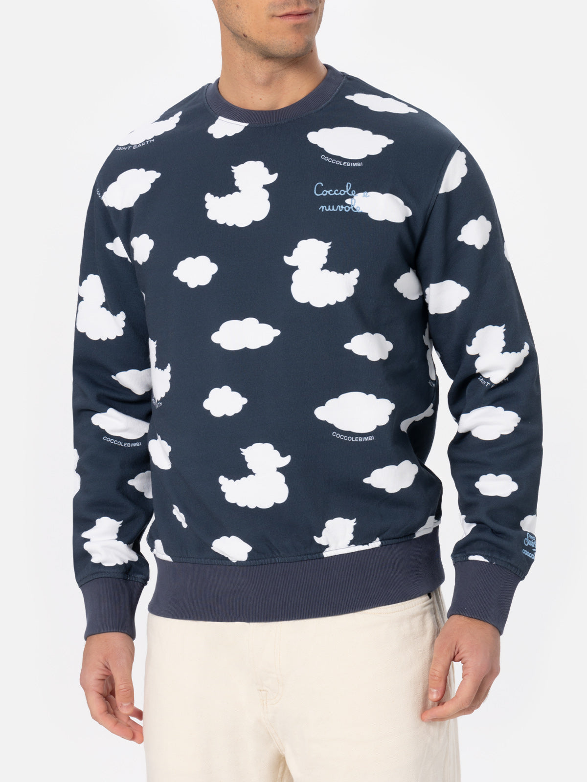 Crewneck blue sweatshirt with Coccole e nuvole embroidery COCCOLEBIM