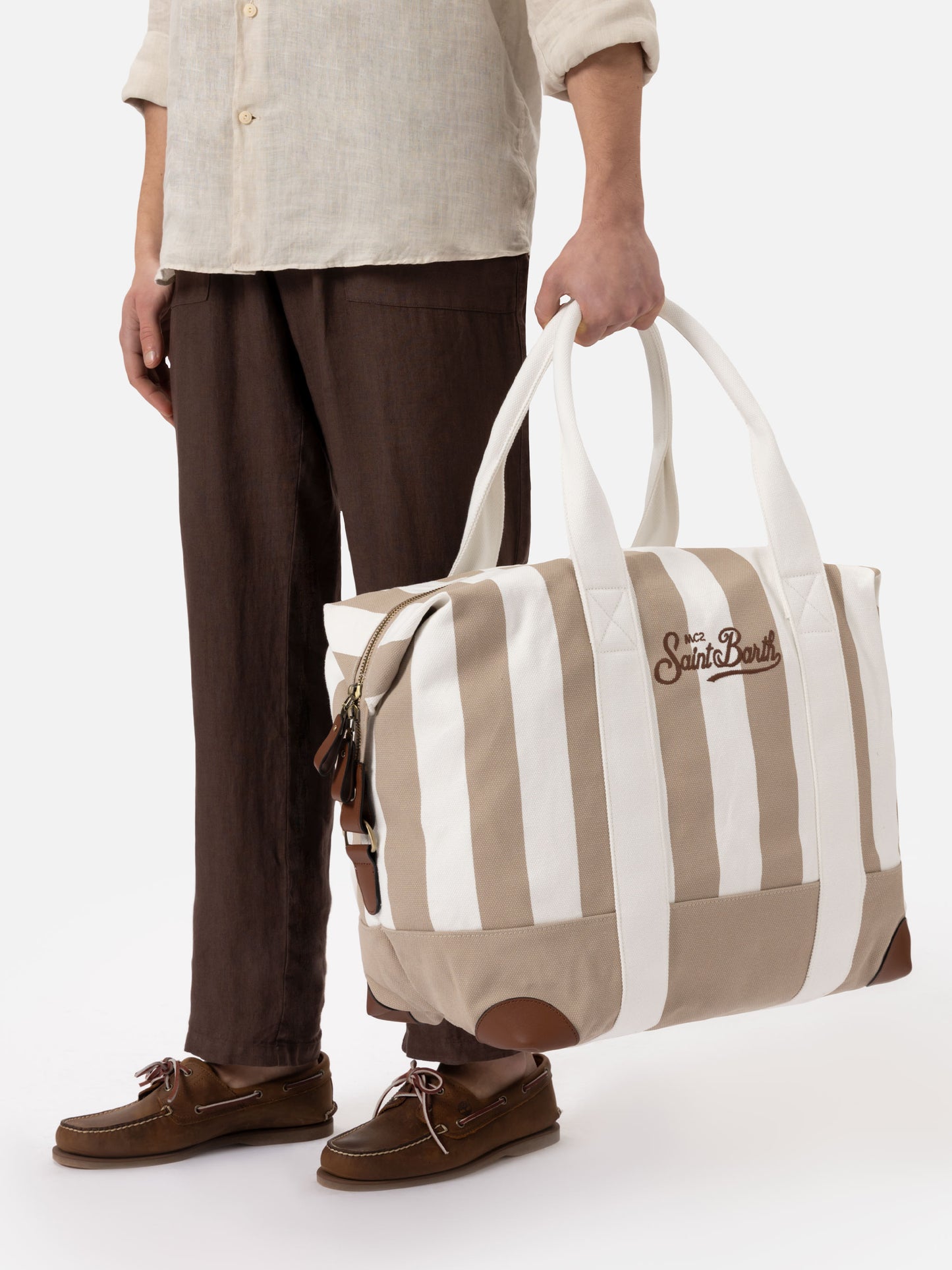 Travel duffel cotton canvas bag with striped print