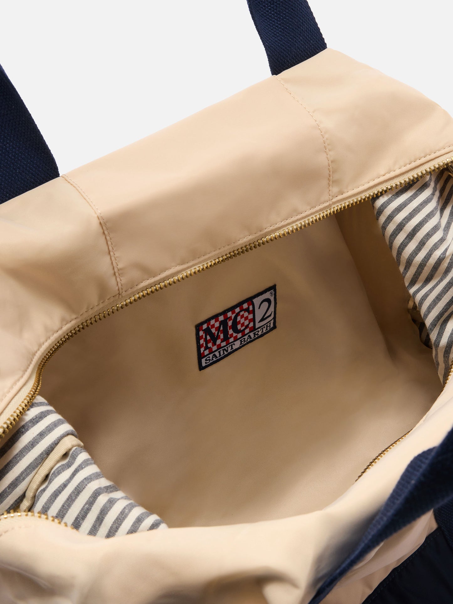 Travel Bag Weekender aus cremefarbenem und blauem Nylon mit gesticktem Logo