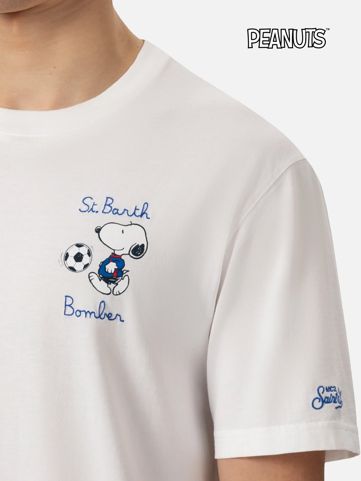 T-shirt Man in cotone organico con ricamo St. Barth Snoopy Bomber | SNOOPY PEANUTS® SPECIAL EDITION