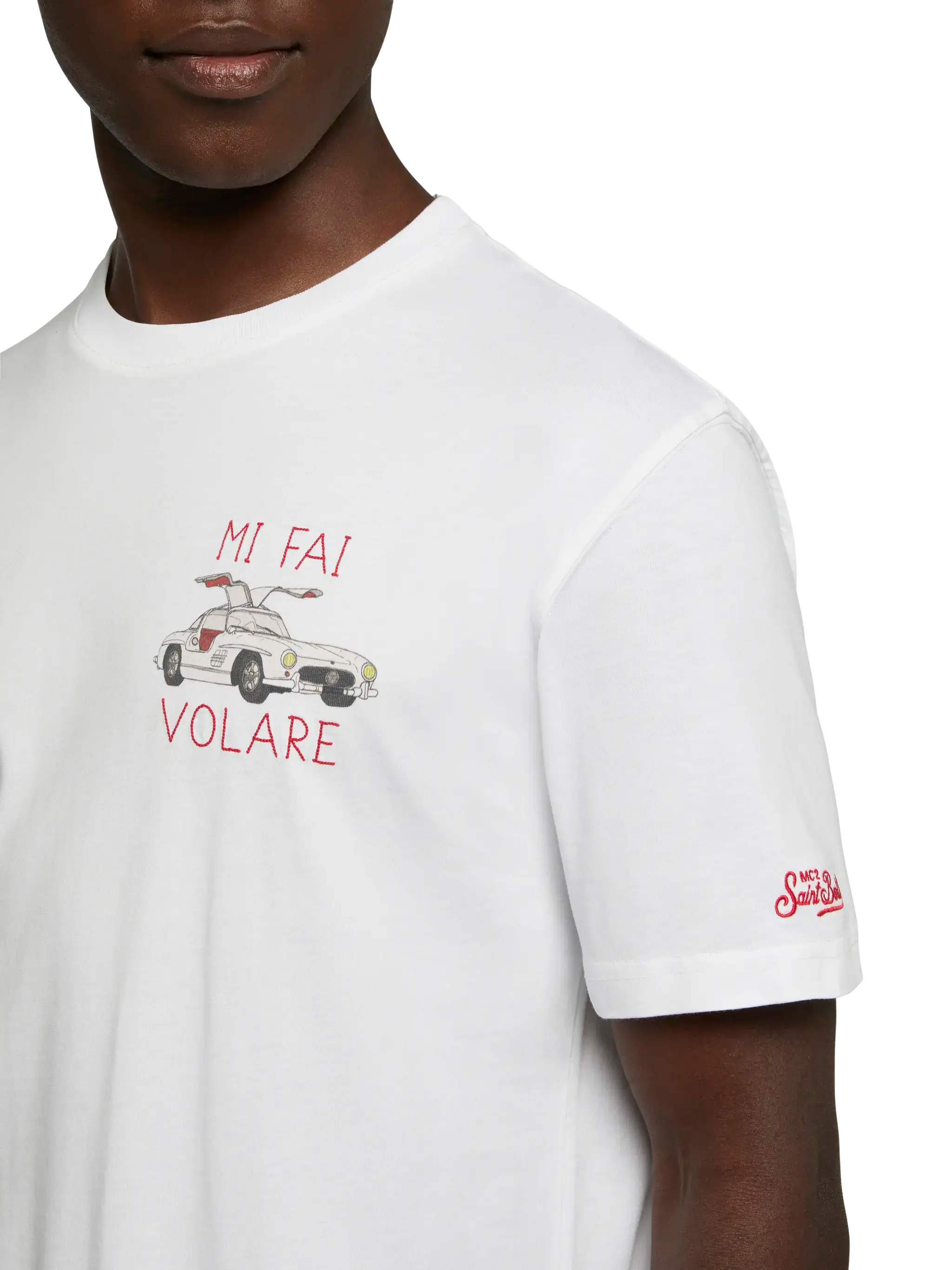 ◆SATUR◆ Bon Voyage Low Cut Applique Short Sleeve T-Shirt S Cotton T-shirt with Mi fai volare embroidery – MC2 Saint Barth