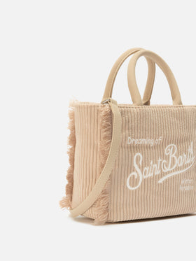 Borsa a mano Vanity Mini Corduroy in velluto a coste e faux suede beige