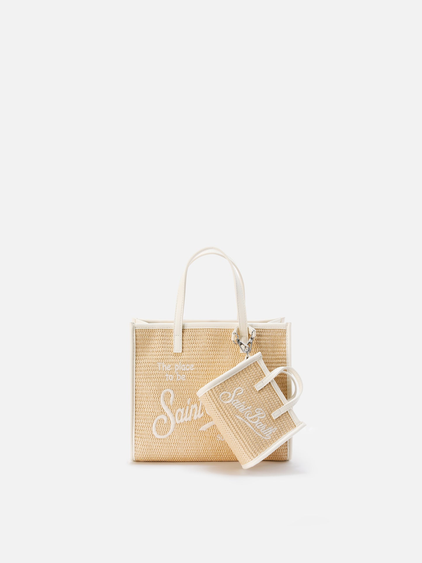Vivian micro straw effect bag with white embroidered logo