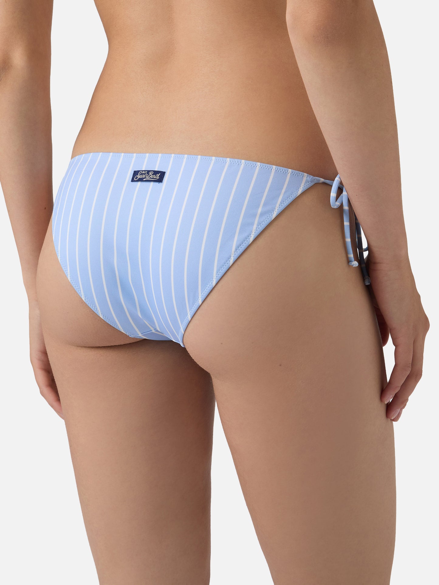 Leah Virgo light blue and white vertical striped bikini