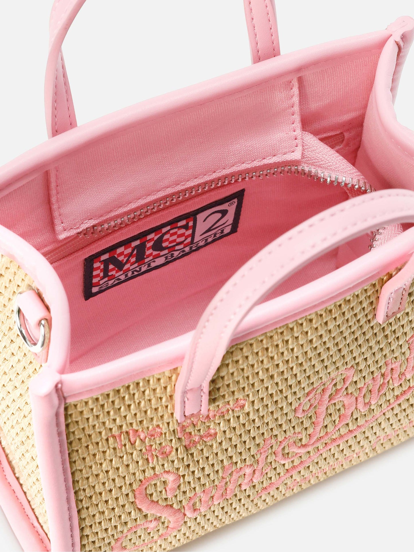 Bolso mini efecto paja Vivian con logo bordado rosa