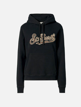Virginia cotton hoodie in black with animal-print St. Barth embroidery