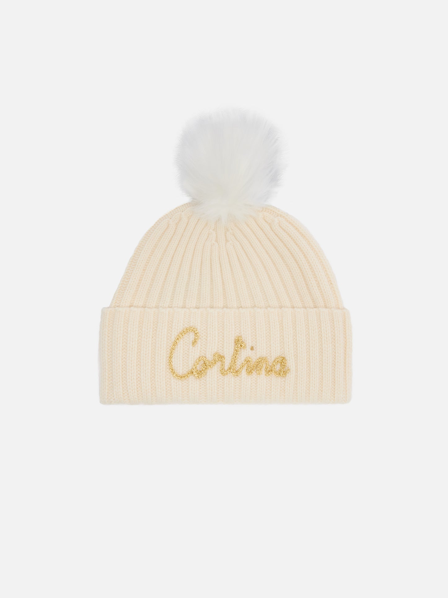 Berretto Wengen in misto cashmere bianco con ricamo lurex Cortinae pompon