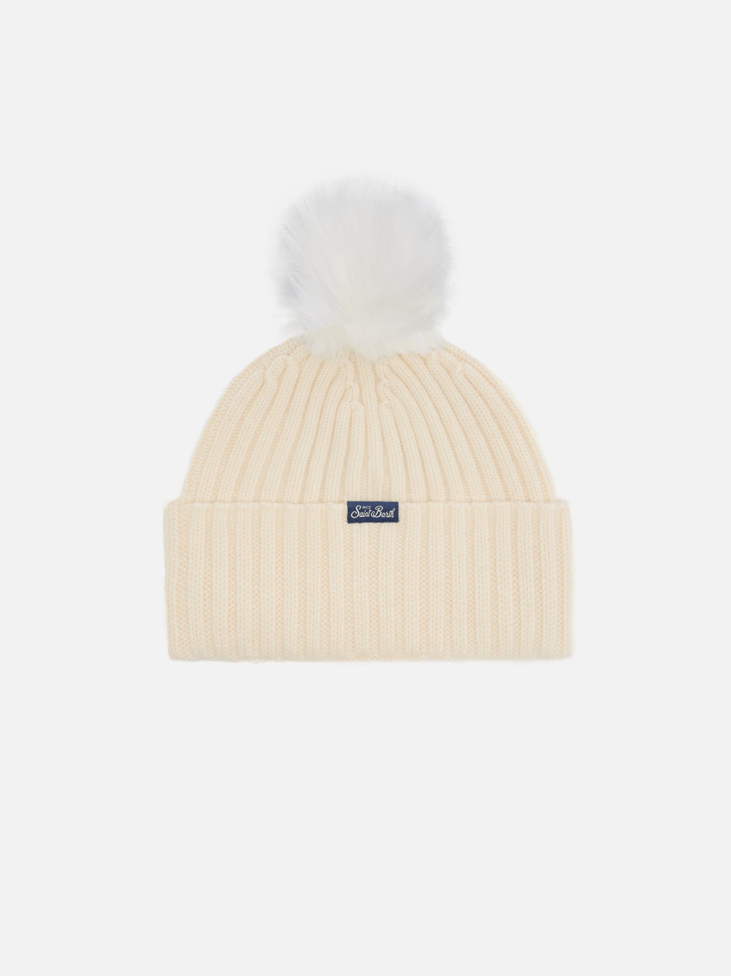 Berretto Wengen in misto cashmere bianco con ricamo lurex Cortinae pompon