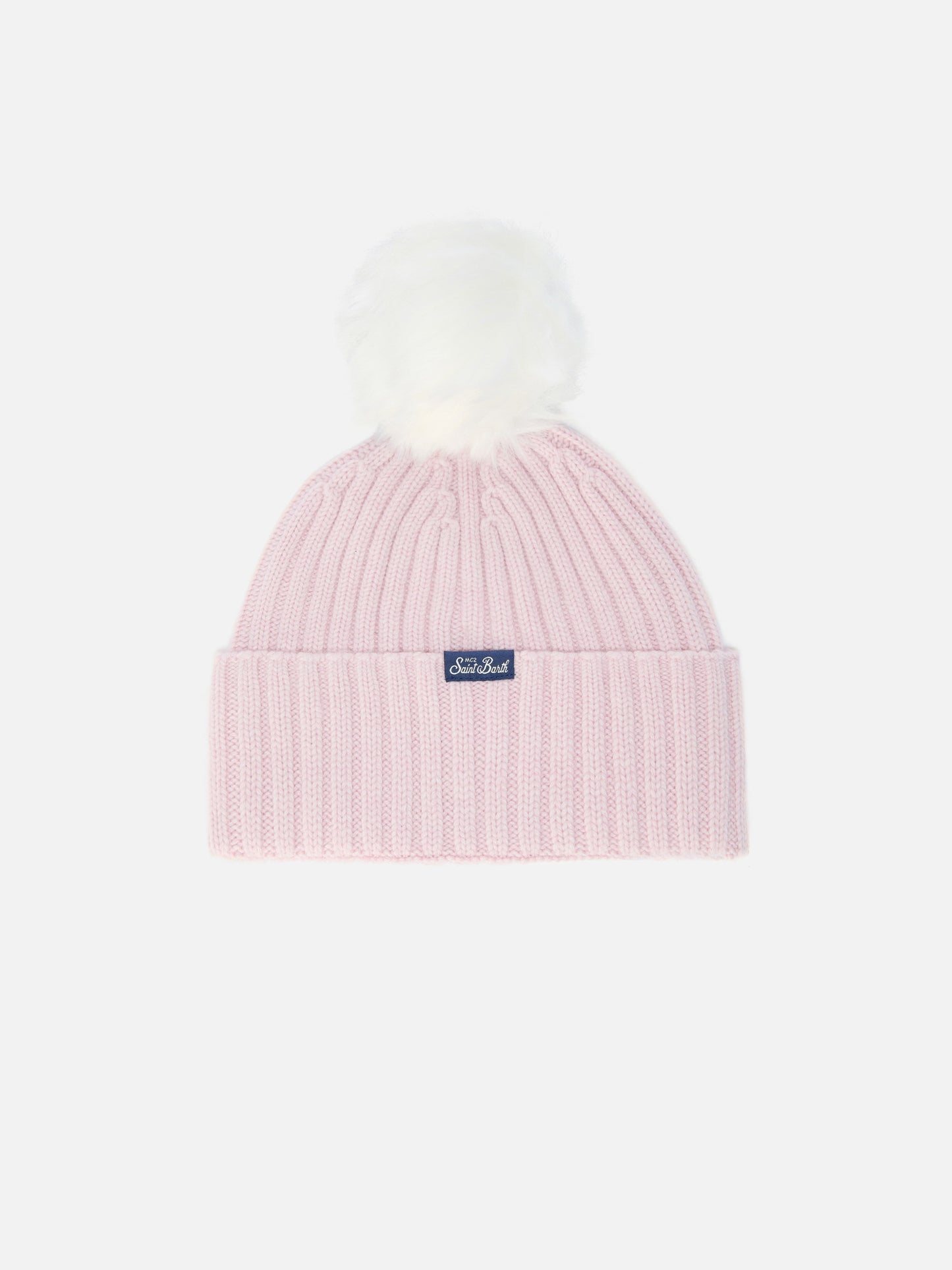 Wengen beanie in cashmere blend with pink “Too Cool” embroidery and pom-pom