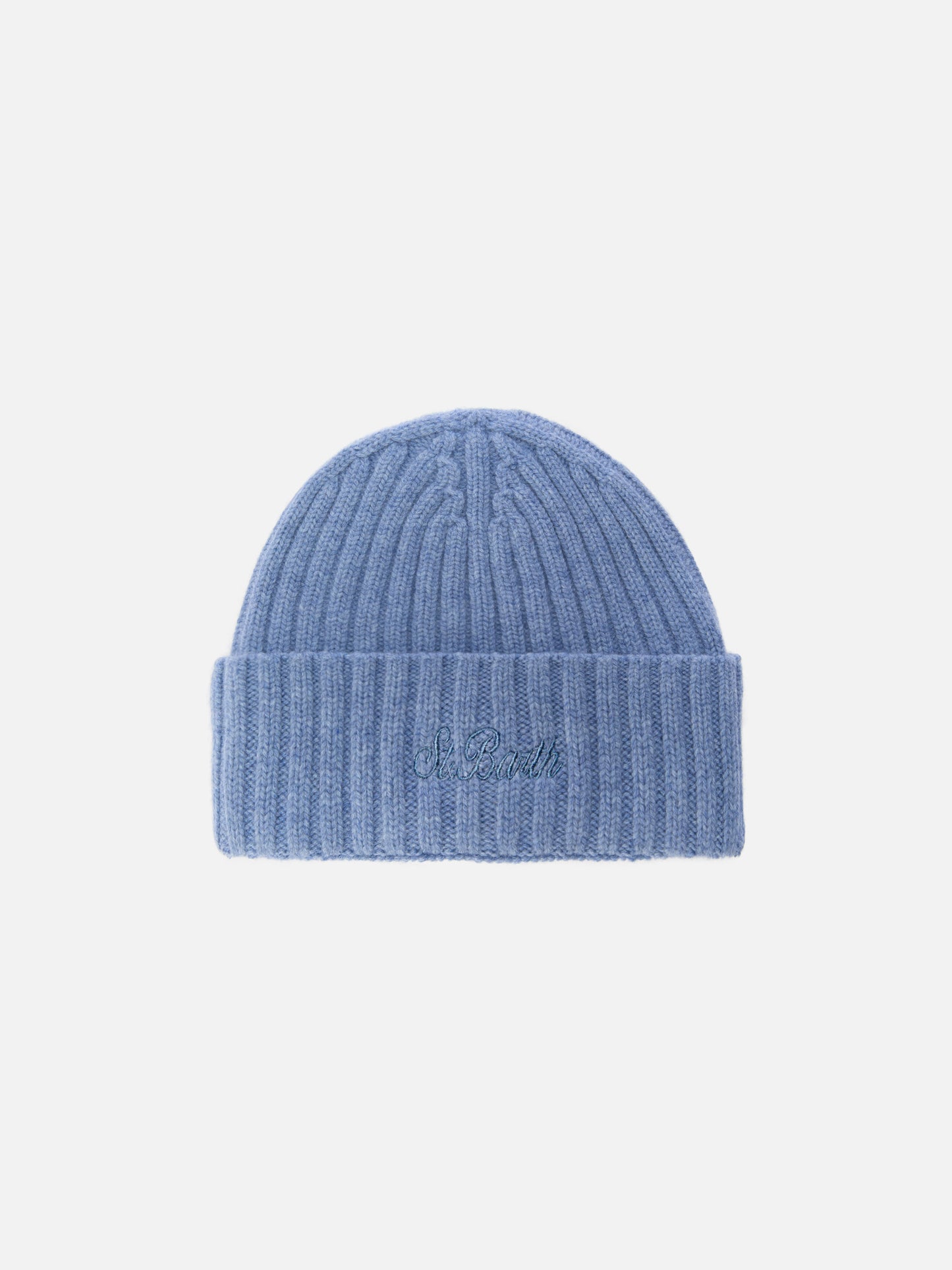 Wengen beanie in powder blue with St. Barth embroidery on the turn-up