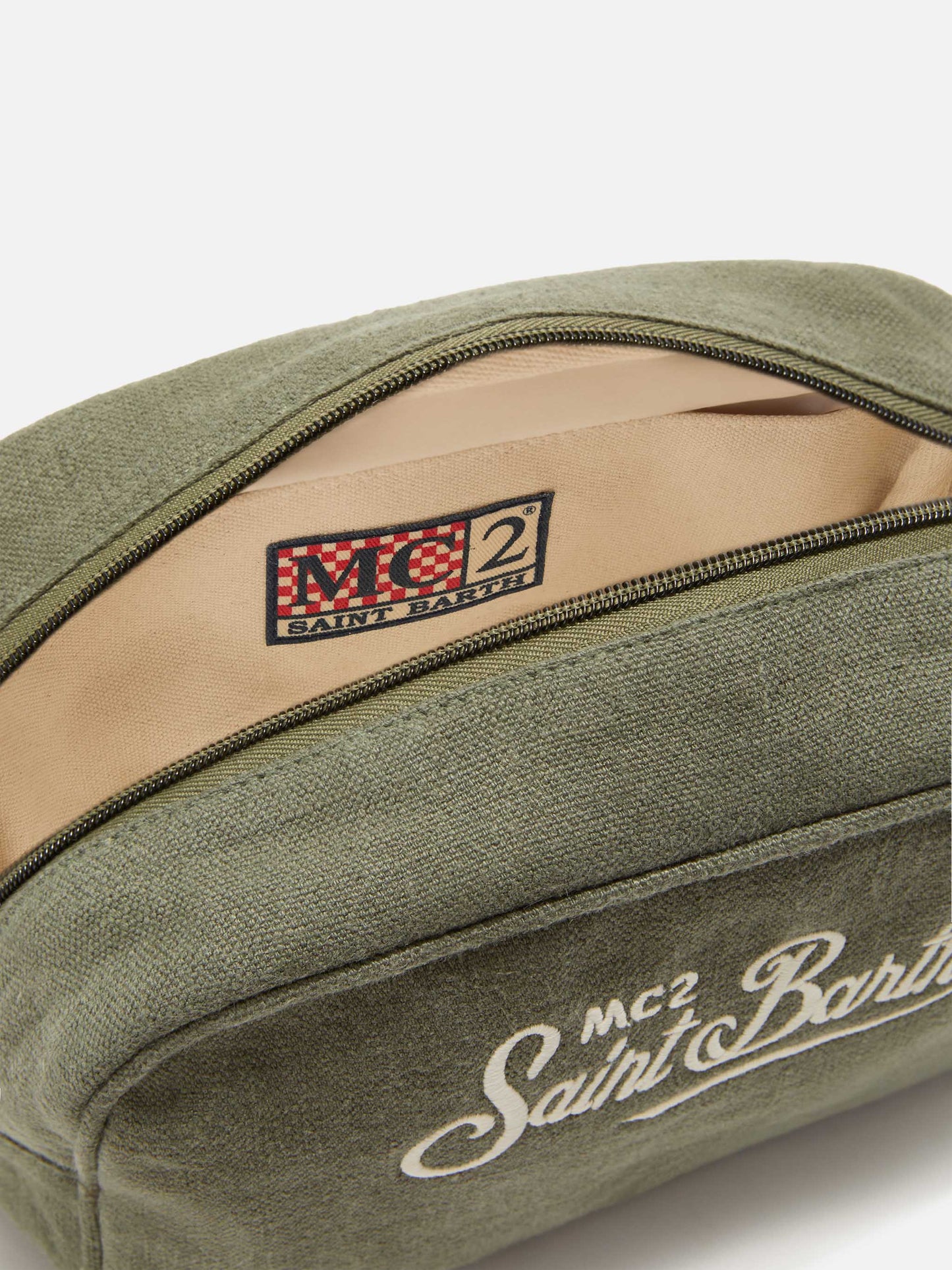 Beauty Bag Westwood in lino verde con logo ricamato