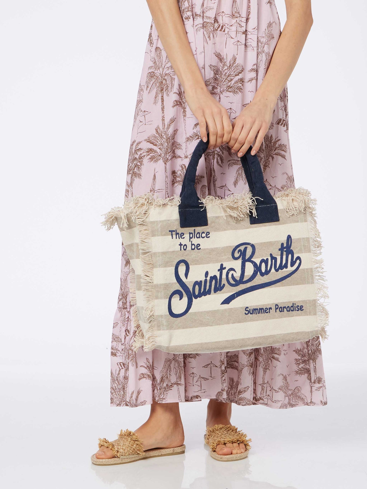 Borsa a spalla Vanity in canvas di cotone con stampa a righe beige
