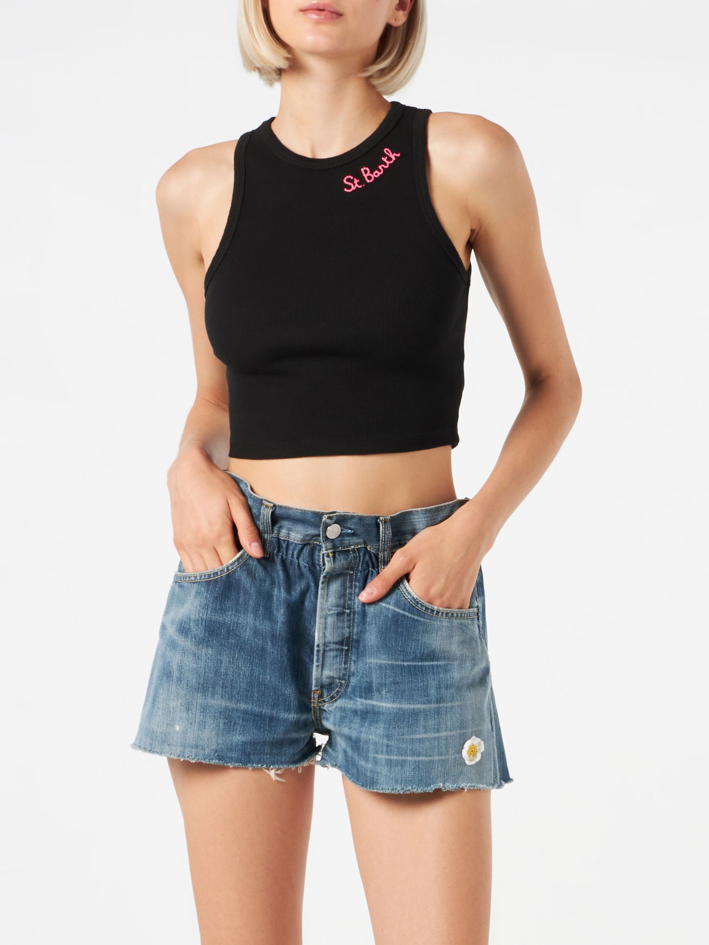 Canotta crop in cotone con ricamo St. Barth