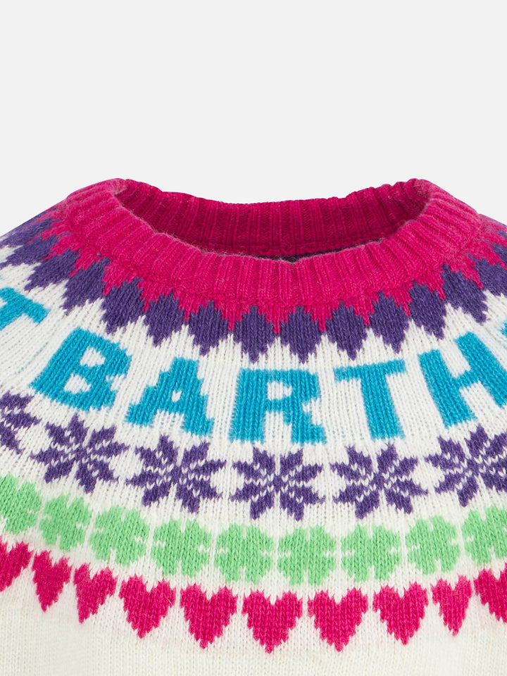 Girl crewneck white sweater with fair isle jacquard - MC2 Saint Barth