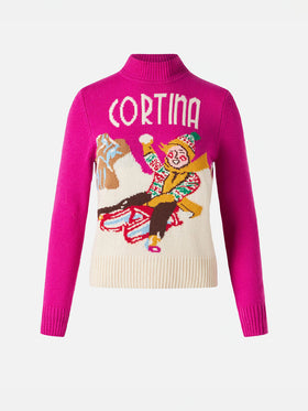 Girl crewneck sweater with Cortina postcard - MC2 Saint Barth