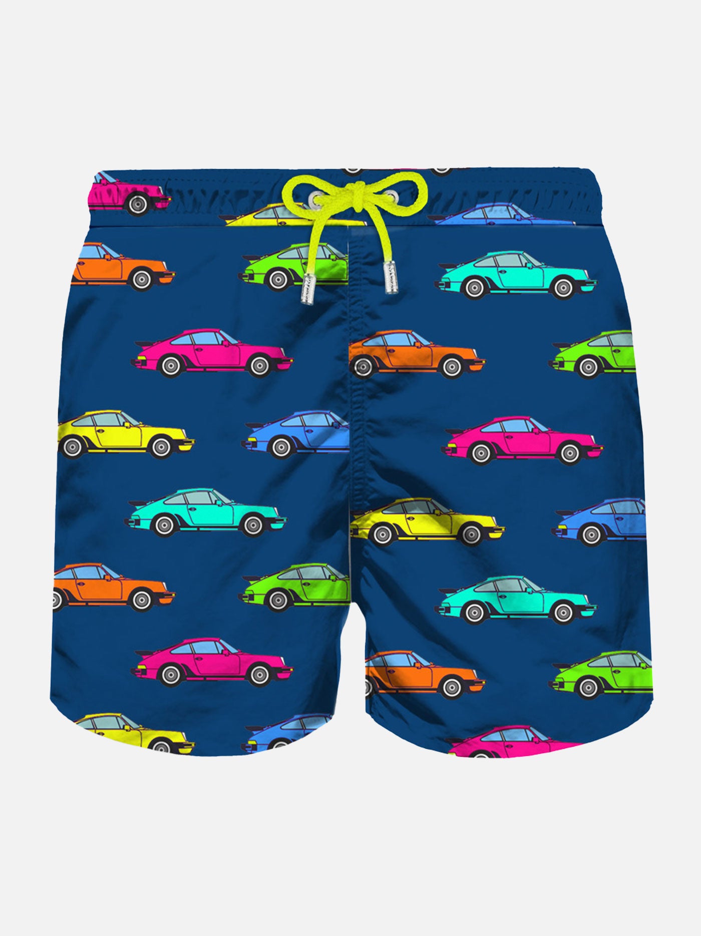 Herren-Badeshorts aus leichtem Stoff mit Autos-Aufdruck