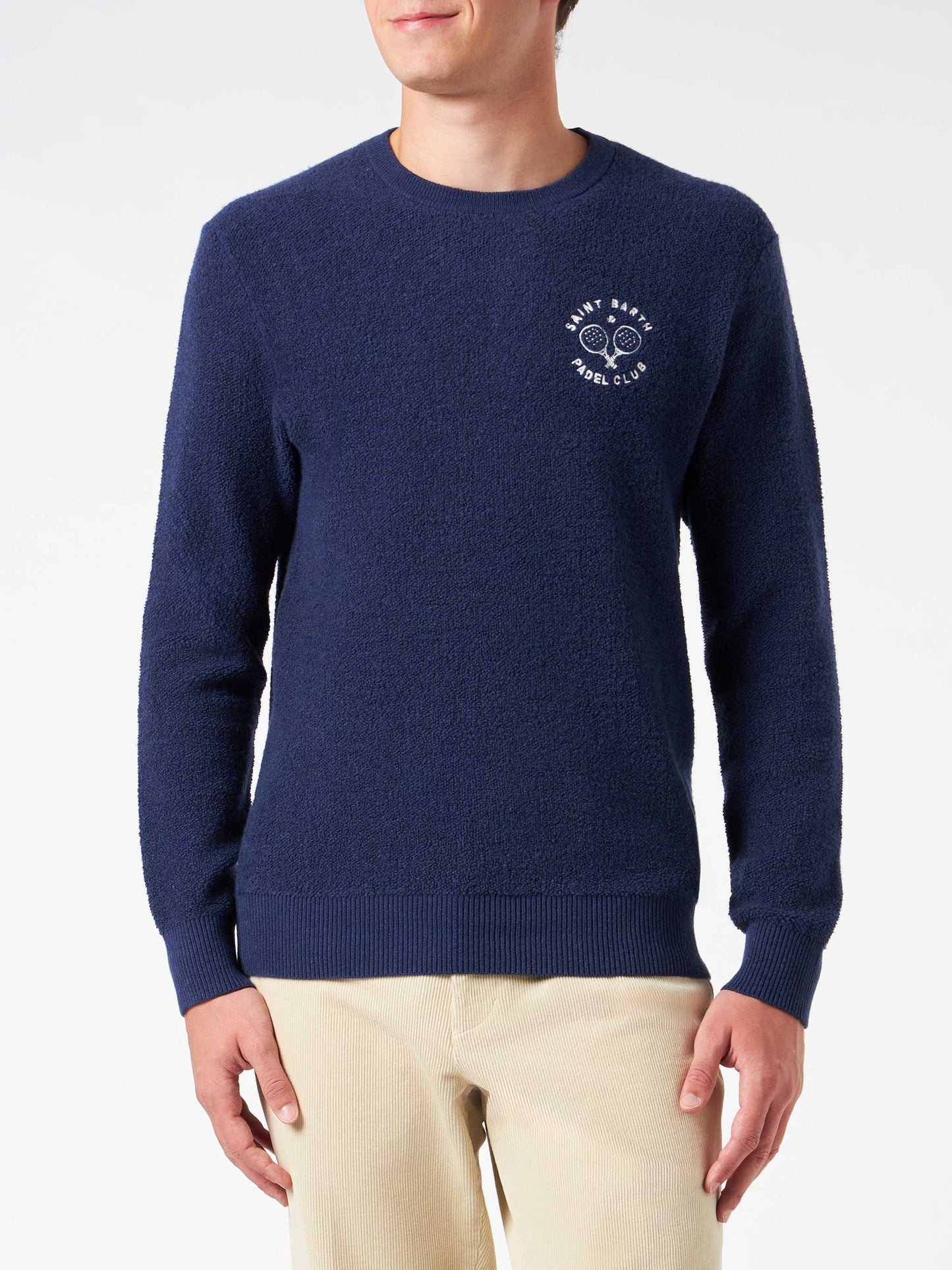 Man crewneck bluette bouclé sweater with Saint Barth Padel Club embroidery - MC2 Saint Barth