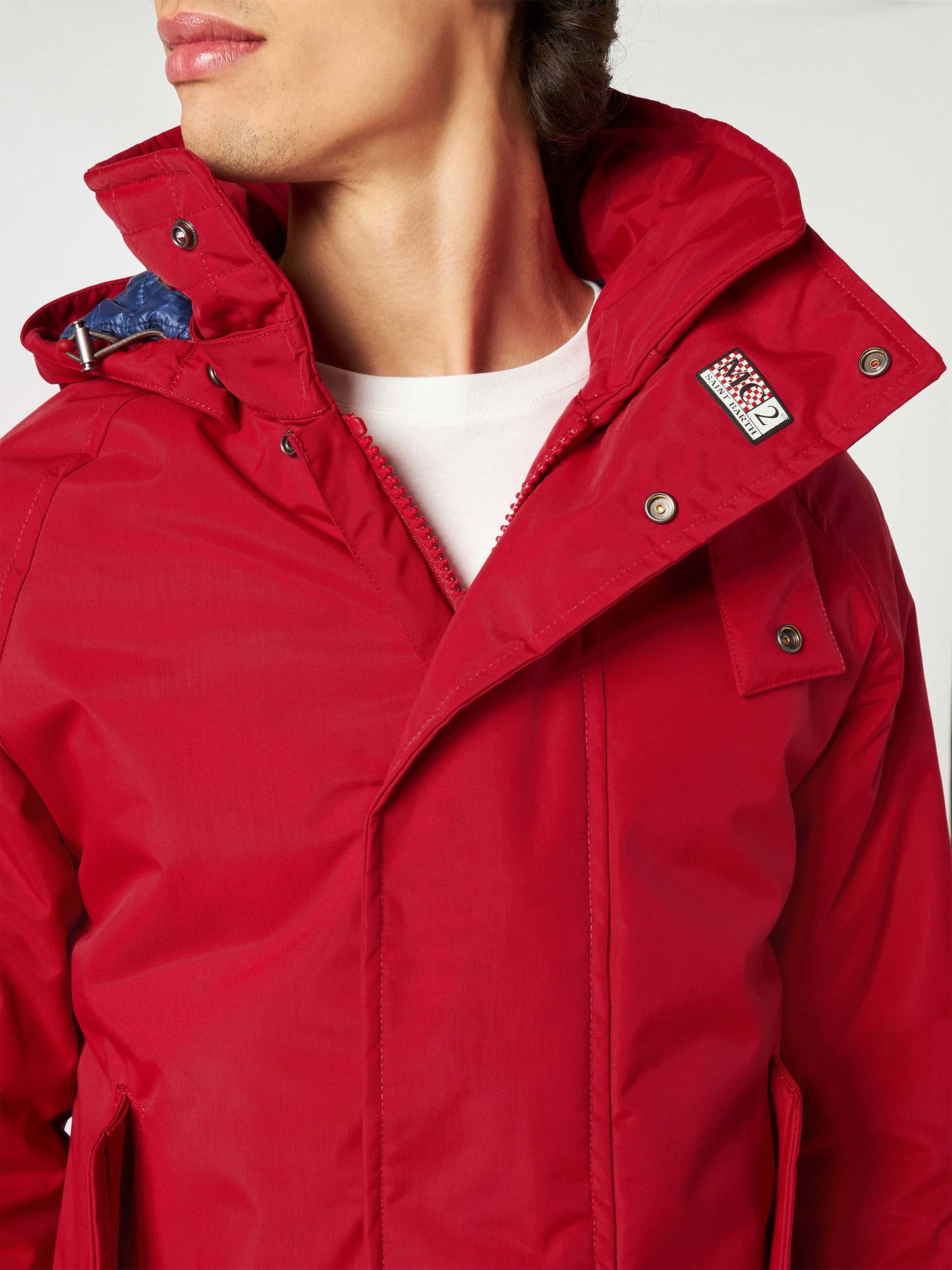 Man hooded red parka jacket Voyager