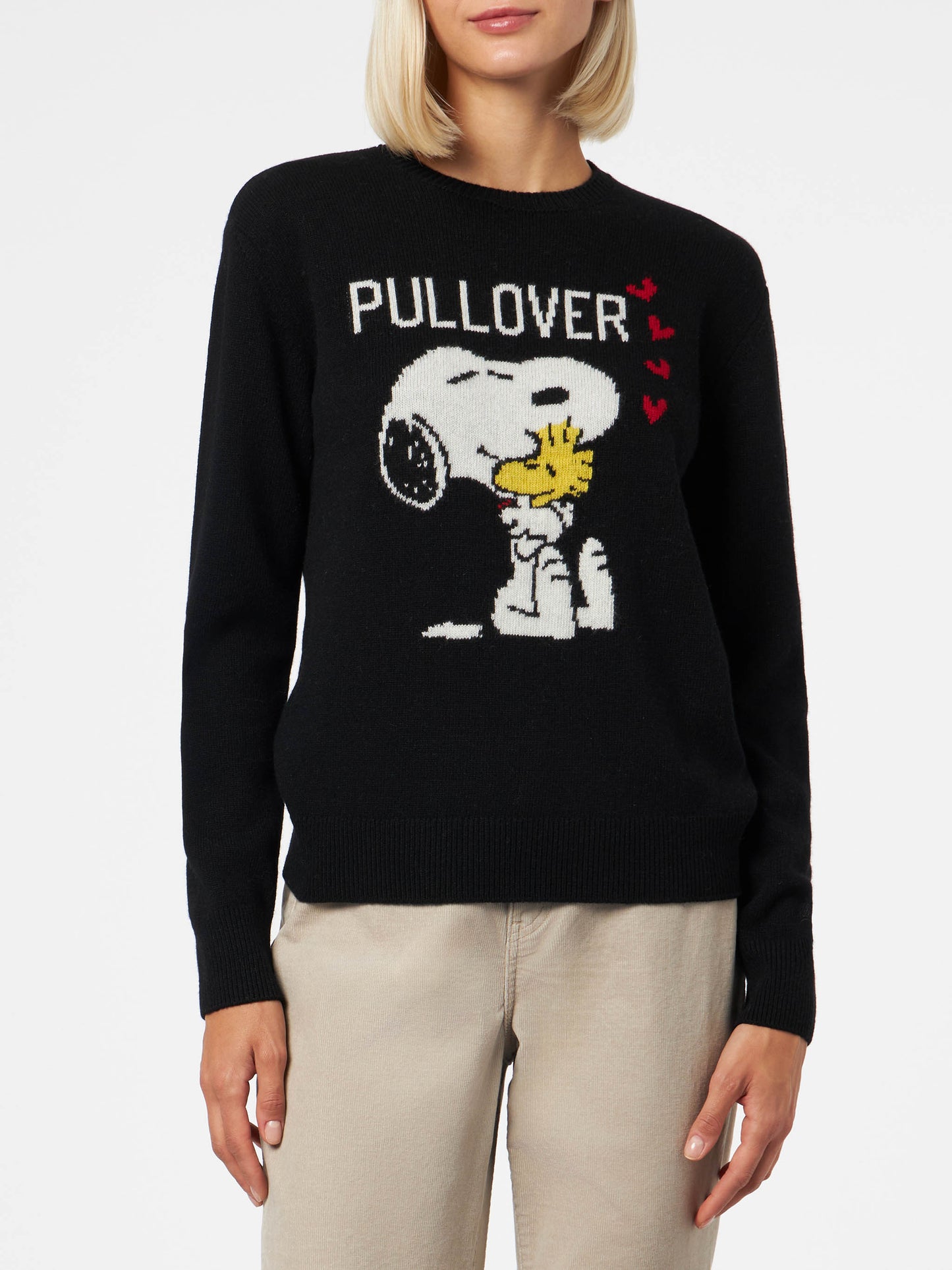 Schwarzer Damenpullover mit Rundhalsausschnitt und Snoopy- und Woodstock-Aufdruck | SNOOPY PEANUTS™ SONDEREDITION