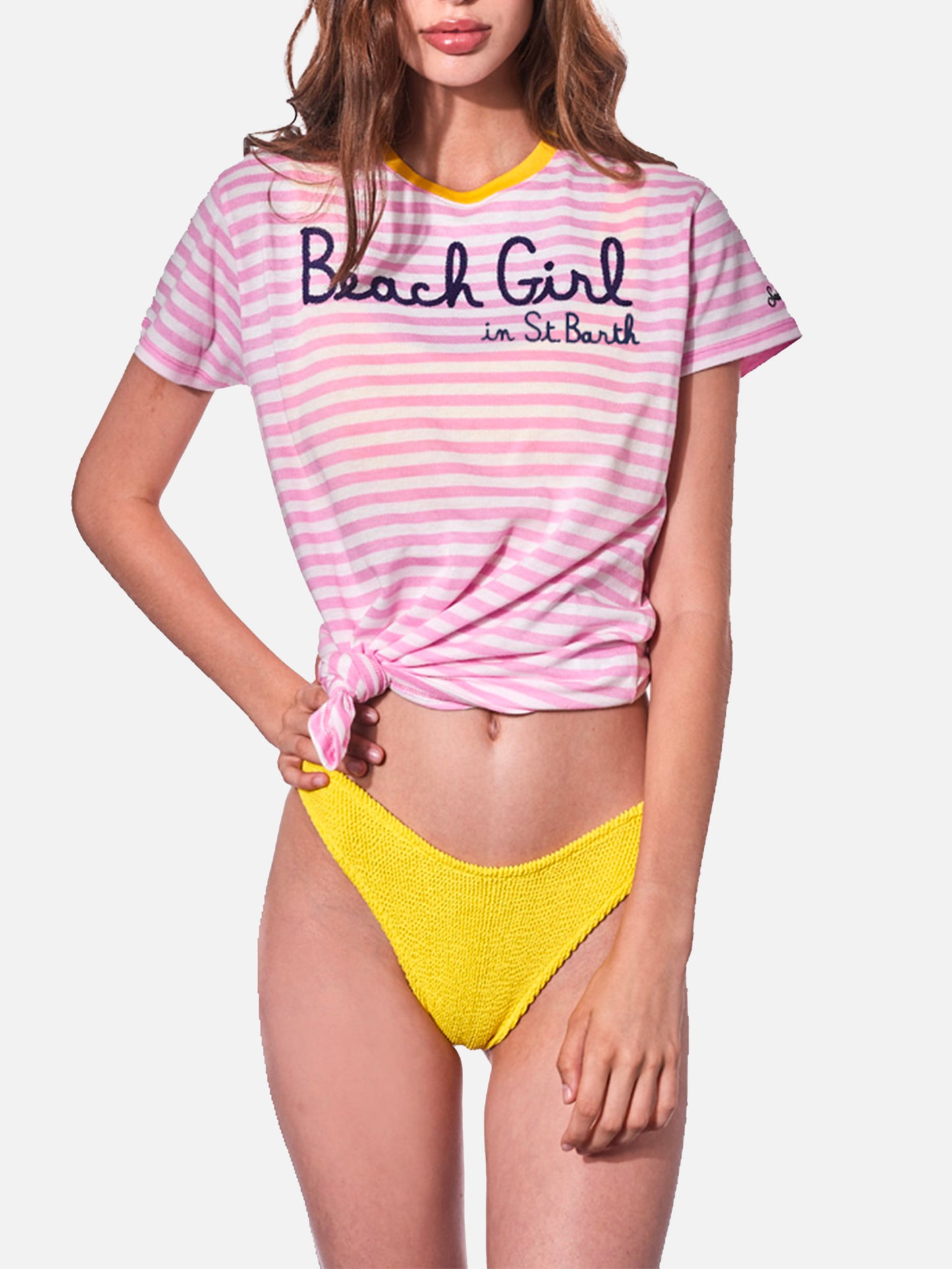 Woman pink striped t-shirt with Beach Girl in St.Barth embroidery