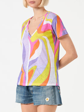 Woman linen t-shirt with wave print - MC2 Saint Barth