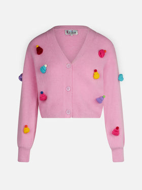 Cardigan crop garzato da donna con maniche a sbuffo