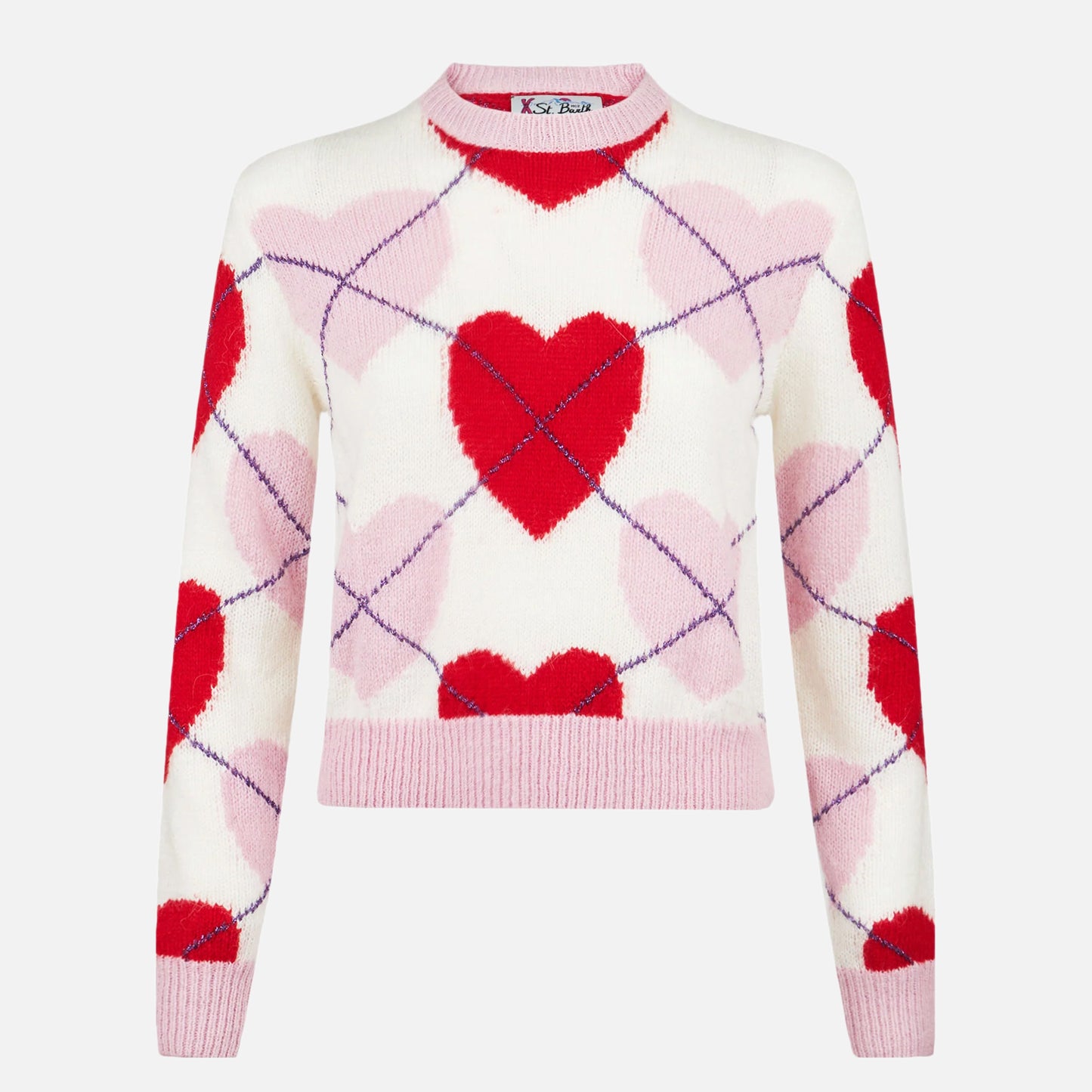 Maglione cropped garzato da donna con fantasia a cuori